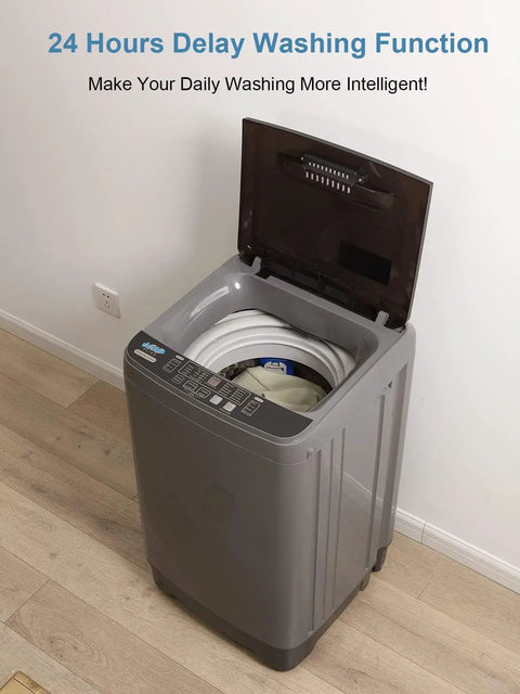 Compact Full Automatic Washing Machine In Sleek Grey with open lid showing honeycomb drum for efficient laundry.
