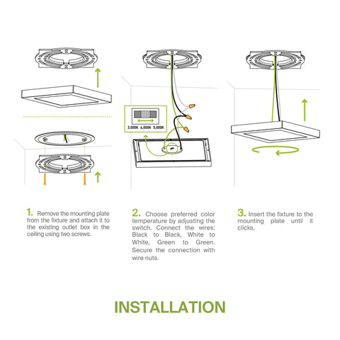 Installation steps for Lit 9 Inch LED Square Flush Mount Ceiling Light 18W 1270 Lumens 3000K 4000K 5000K 3CCT Dimmable Ultra Slim ETL Listed