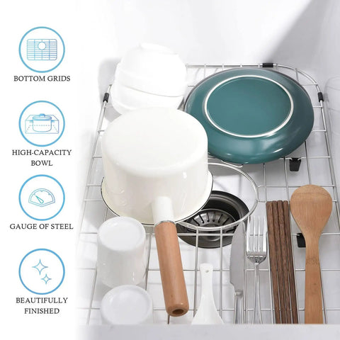 Heavy-Duty Stainless Steel Sink Grid Protectors For Single Bowl Kitchen Sinks, Center Drain Design, with dishes and utensils