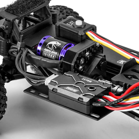 Close-up of Beefed Up Aluminum Side Plates For 1/24 Axial SCX24 RC Crawler ESC Receiver Tray showing metal upgrade and wiring.