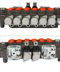 Front and side view of a 6 Spool 21GPM Hydraulic Directional Control Valve With Joystick, Double Acting, 3625 PSI Max, SAE 10 Inlet, Outlet, Ports.