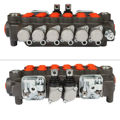 Front and side view of a 6 Spool 21GPM Hydraulic Directional Control Valve With Joystick, Double Acting, 3625 PSI Max, SAE 10 Inlet, Outlet, Ports.