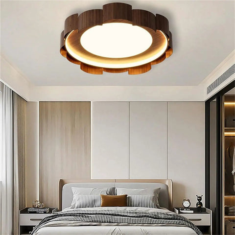 Top Shelf Wood Grain Led Ceiling Light Fixture, Solid Flush Mount With Mid Century Modern Vibe, illuminating a stylish bedroom.