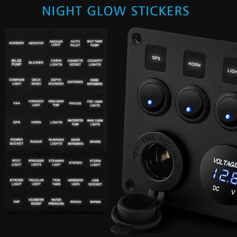5 Gang 12V Marine Rocker Switch Panel With Waterproof Build, USB Touch Switch And Dual QC3 USB Ports For Boats, Power Saver Toggle, Blue LED Indicator with night glow labels and voltmeter