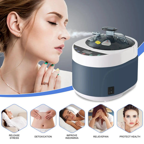 4L Portable Sauna Steamer With 1500W Heating near woman enjoying spa treatment, navy blue unit with touch button control