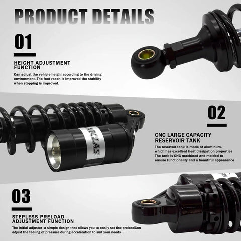 Pair 320mm Motorcycle Shocks Universal Rear Air Shock Absorbers For Off Road Bikes Street Bikes ATVs 150cc-750cc Center Distance Fit Check highlighting adjustment features.