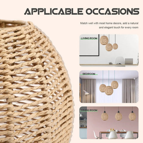 Three Pack Rattan Lamp Shades Vintage Boho Hanging Light Covers For Pendant Lamps And Ceiling Fans displayed in rooms.