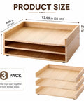 3 Pack Stackable Wood Letter Trays showing dimensions for A4 Paper Documents Mail Files and Receipts Office Desk Organization