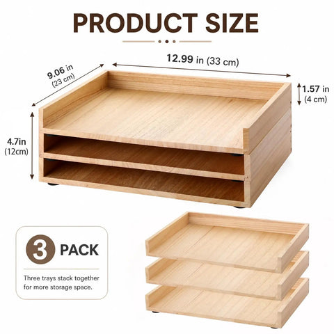 3 Pack Stackable Wood Letter Trays showing dimensions for A4 Paper Documents Mail Files and Receipts Office Desk Organization