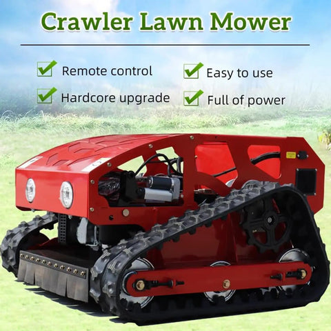 Automatic Remote Control Lawn Mower With Multifunction Mowing Robot for All Terrain Grass on 45 Degree Slopes, red design, close-up