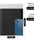 Black Bubble Mailers 6x10 Inch 100 Pack Padded Envelopes With Usable Inner 6x9 Inch beside smartphone for scale.