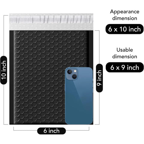 Black Bubble Mailers 6x10 Inch 100 Pack Padded Envelopes With Usable Inner 6x9 Inch beside smartphone for scale.
