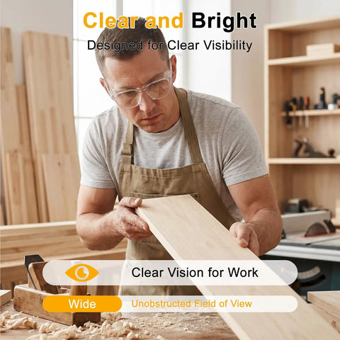 Man in workshop wearing Heavy Duty 36 Pack ANSI Z87.1 Safety Glasses Featuring Side Shields And Anti Scratch Coating.