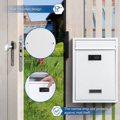Outdoor Wall Mount Mailbox With 3 Digit Combination Lock, Weatherproof Drop Box for Mail, Donations, Ballots, White on wall