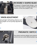Air Driven Wire Stripping Machine features showing V-shaped blade, knob adjustment, and pneumatic switch.