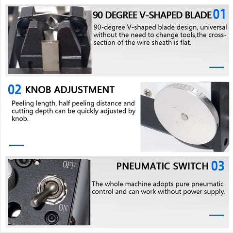 Air Driven Wire Stripping Machine features showing V-shaped blade, knob adjustment, and pneumatic switch.