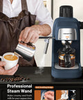 No Fuss Compact Espresso Machine With Fast Milk Frother And Smart Preheat Setup For Hot Lattes And Iced Coffee 800 Watt Power in use with professional steam wand.