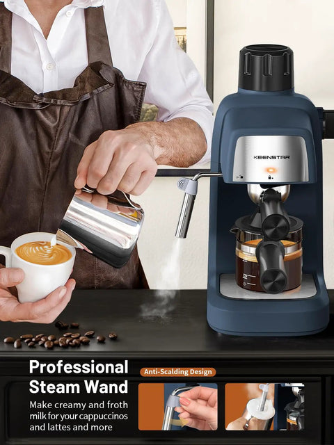 No Fuss Compact Espresso Machine With Fast Milk Frother And Smart Preheat Setup For Hot Lattes And Iced Coffee 800 Watt Power in use with professional steam wand.