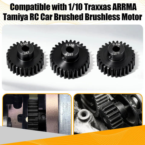 3 Pack Hardened Steel Pinion Gear Set 0.6 Mod 3.175mm Bore For 540 550 RC Motors, 26T 27T 28T Pinions, shown in package