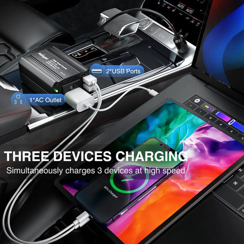 Road Ready 150 Watt Car Power Inverter Plugs Straight Into Cigarette Lighter To Crank Out 12V DC To 110V AC With Dual 3.1A USB Ports And Standard Outlet for charging 3 devices with AC and USB ports.