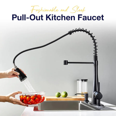 TOYWIA Kitchen Faucets with Pull Down Sprayer, High Arc Single Handle Classic Stainless Steel Sink Faucet 1 or 3 Hole, Suitable for Farmhouse Camper Laundry Rv Bar, Matte Black with a pull-out sprayer washing tomatoes.
