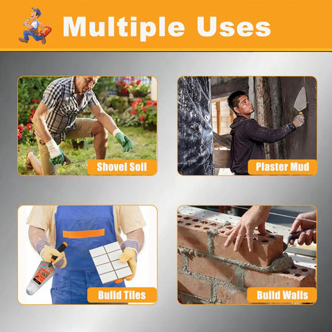 Collage showing multiple uses of 2 Pack 6 Inch Concrete Trowel Set With Pointing And Gauging Trowels Carbon Steel Masonry Hand Tools