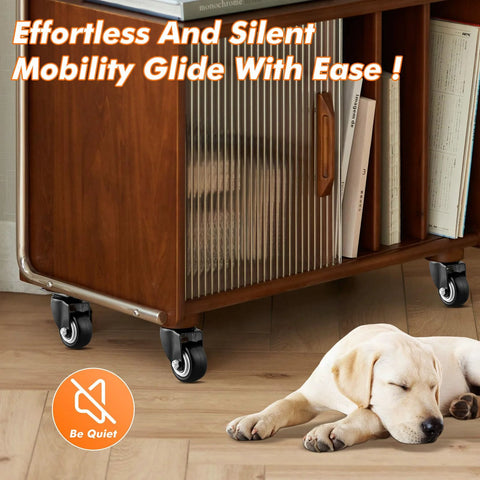 Installed on a wooden cabinet: set of 8 1.5-inch heavy-duty caster wheels, black PU, no brakes, double-ball bearing.