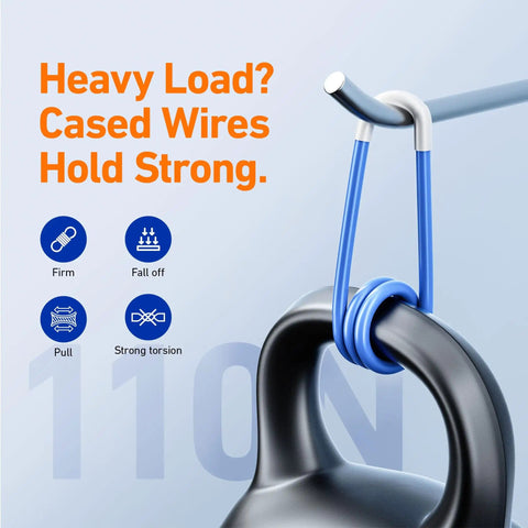 Heavy load demonstration with blue cased wires supporting weight, showcasing strength of Pro Grade 446 Piece Heat Shrink Tubing Kit