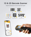 Wireless Bluetooth Barcode Scanner With 1.4 Inch Display, Handy 1D/2D and QR Code Reader scanning barcodes near smartphone