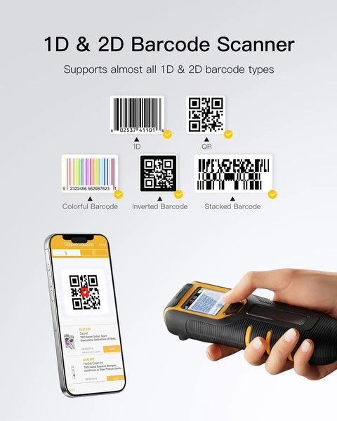 Wireless Bluetooth Barcode Scanner With 1.4 Inch Display, Handy 1D/2D and QR Code Reader scanning barcodes near smartphone