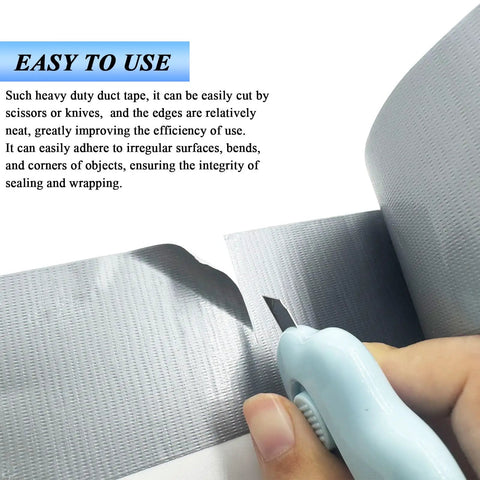 A person cutting heavy duty grey duct tape with scissors, showcasing easy use of 2 Pack Heavy Duty Duct Tape Waterproof And Heat Resistant With Tough As Nails Adhesive For HVAC Home Improvement Outdoor Use Packaging Boxes Pipe Insulation And Window Sealing 21 Yards By 2 Inches.