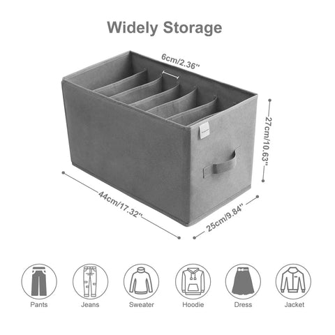 3 Pack Sweater Wardrobe Organizer With PP Board Handles, 7 Grid Closet Storage Box dimensions and garment icons
