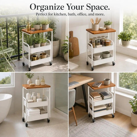Three Tier Rolling Side Table With Lockable Casters And Spacious Storage Shelves For Hassle Free Room To Room Moving Everyday Utility Cart Stand For Home Organization Built Tough For Any Space.