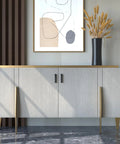 Modern sideboard with 10 Pack Adjustable Black Cabinet Pulls 1 To 4 Inches, wooden cabinet with abstract art and vase.