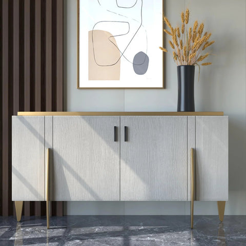 Modern sideboard with 10 Pack Adjustable Black Cabinet Pulls 1 To 4 Inches, wooden cabinet with abstract art and vase.