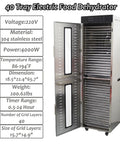Heavy Duty Forty Tier Food Dehydrator With Stainless Steel Mesh Trays and Adjustable Digital Timer side view with specifications displayed.