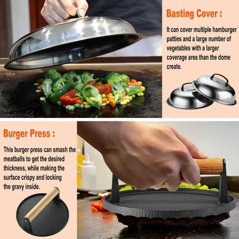 38 Piece Griddle Accessories Kit with Stainless Steel Spatulas and Tongs Smash Burger Press Griddle Chopper visible, cooking vegetables