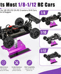 Aluminum RC Repair Stand for Ten Scale Cars With 360 Degree Rotation and Adjustable Height From Ninety to One Hundred Thirty Three Millimeters shown with RC car models.