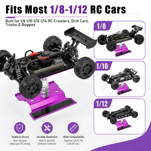 Aluminum RC Repair Stand for Ten Scale Cars With 360 Degree Rotation and Adjustable Height From Ninety to One Hundred Thirty Three Millimeters shown with RC car models.
