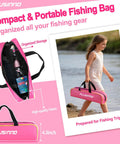 Girl carrying pink kids fishing pole with spincast reel telescopic rod full gear kit bag for travel beach or lake