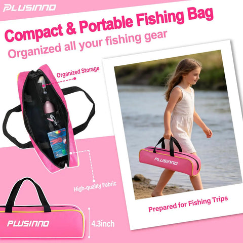 Girl carrying pink kids fishing pole with spincast reel telescopic rod full gear kit bag for travel beach or lake