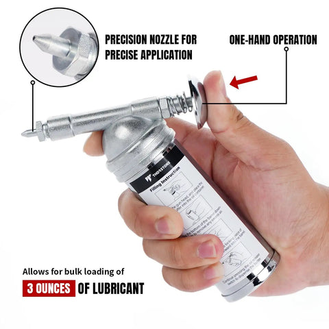 Mini Grease Gun For Tight Spots One Handed Push Type With Needle Nozzle 3oz Capacity Handy Lubrication Tool For Lawn Mower Air Tools Bicycles And DIY Projects, shown in hand with needle nozzle and one-hand operation.