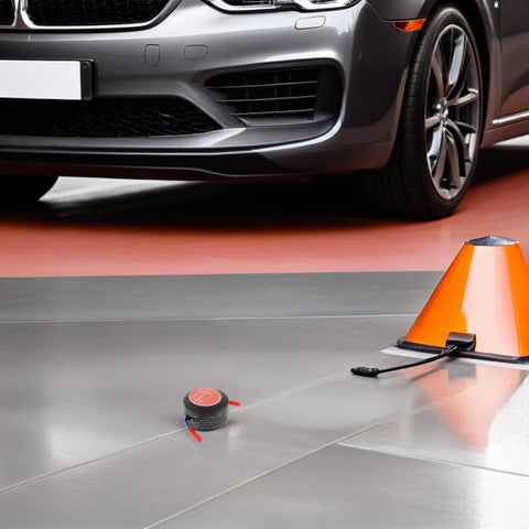 Badass Two Pack Aerosol Self Activating Auto Fire Extinguisher Sticker With Sticky Adhesive Backing For Car Engine Garage Or Rig That Takes Care Of Smoke Quick on garage floor near orange cone.
