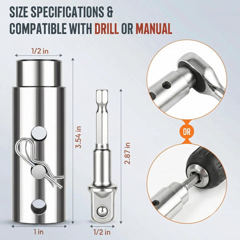 Heavy Duty Trailer Jack Drill Adapter For One Inch Shaft Shanks Premium Stainless Steel Build with size specs for drill or manual use.