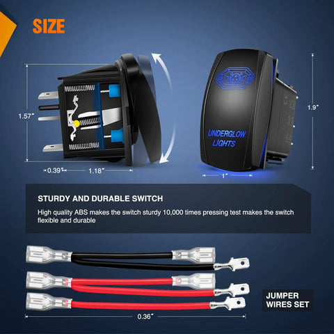 Blue 5 Pin SPST Rocker Switch For Underglow LED Lights 20A At 12V 10A At 24V Laser On Off Includes Jumper Wires No Fuss Install For Cars Trucks RVs Brighter Soft Illumination, 1.9 inch ABS