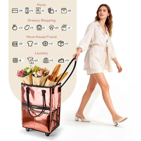 Stylish woman pulling a Heavy Duty Rolling Tote Bag With Five Wheels, Foldable Grocery Cart For Laundry Market And Travel, rose gold color.