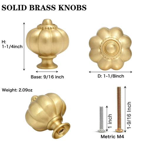 Solid Brass Cabinet Knobs And Gold Pumpkin Drawer Pulls Featuring Vintage Floral Accents For Kitchen Cupboards And Dressers Heavy Duty 6 Pack 1 1 8 Inch showcasing detailed dimensions and design.