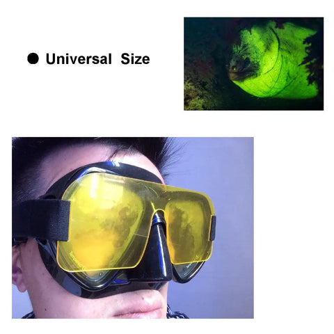 Fluoro Diving Flashlight Kit With Yellow Fluorescence Shield And Underwater Fluoro Mask For Night Dives Ideal For Dive Video Photography And Clear Fluorescent Barrier worn by diver.
