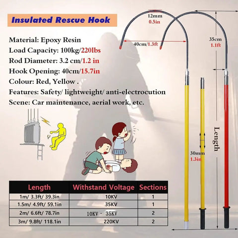 High Voltage Insulated Rescue Hook For Electrocution Safety Two Meter Long Heavy Duty Pole With 220lb Load Capacity diagram