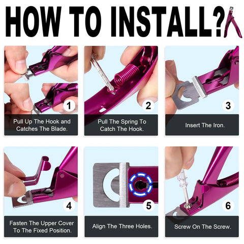 Installation steps for premium adjustable nail clippers with magnets and sizers for acrylic nails, includes screwdriver use.